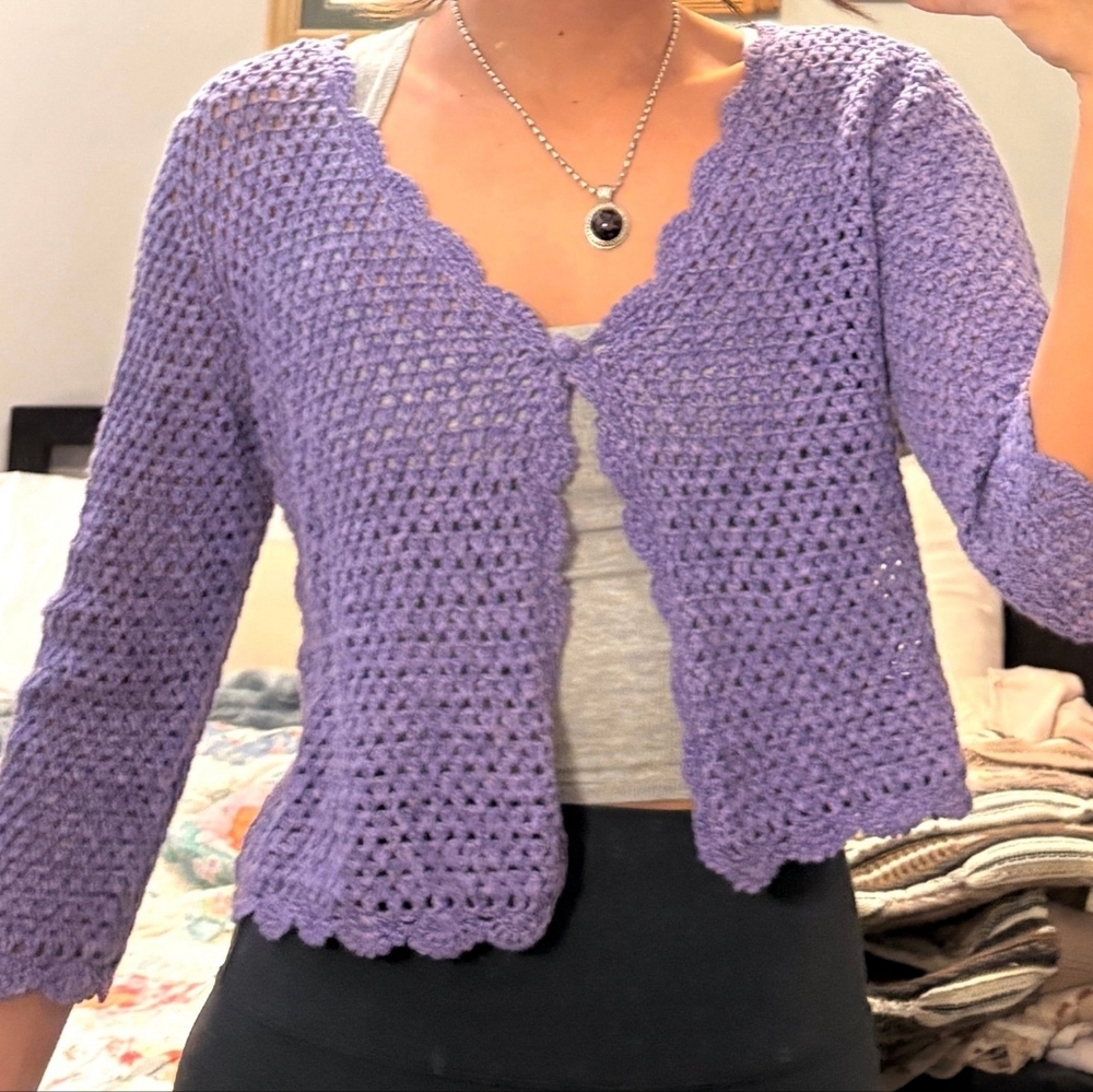 L • Norm Thompson • Vintage Crochet Linen Blend Lilac Cardigan